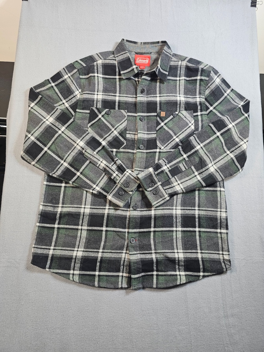 #195 Coleman Men’s Large Plaid Flannel Shirt Green Gray Black Button Up Outdoor